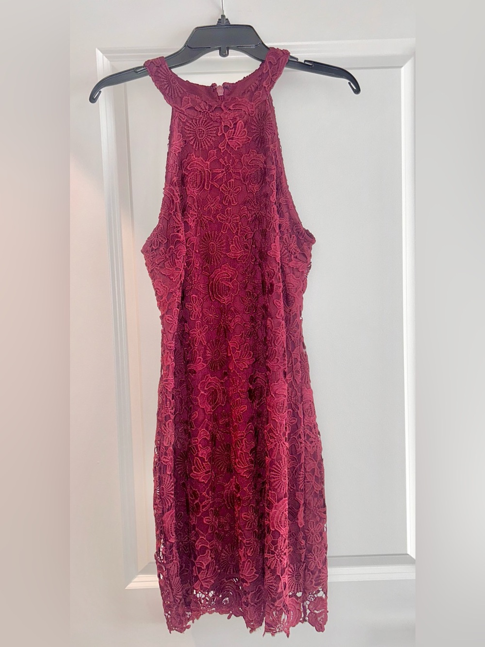 Lulu's Wine Red Floral Lace Halter Midi Dress